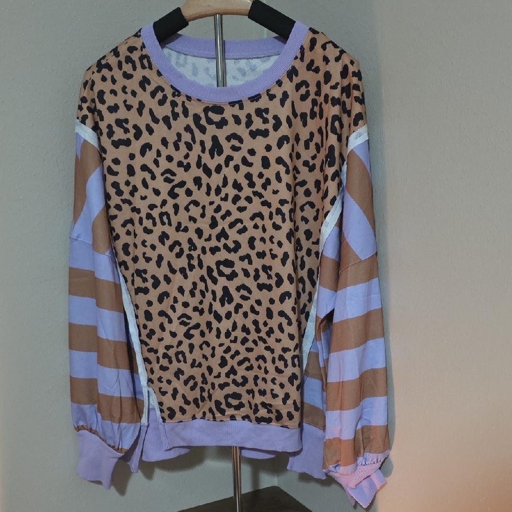 Tik Tok Leopard Print & Lavender Striped Long Sleeve Top Size Oversized Small